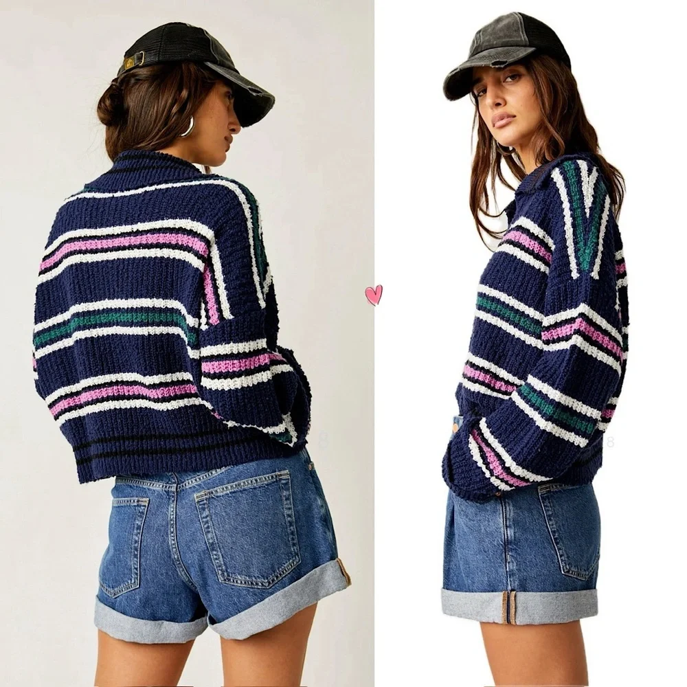 Free People Navy V-Neck Striped Sweater with Pink, Green & White Accents